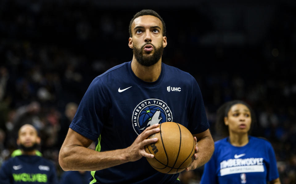 MINNEAPOLIS, MN - APRIL 09: Rudy Gobert #27 of the Minnesota Timberwolves warms up before the game against the New Orleans Pelicans at Target Center on April 9, 2023 in Minneapolis, Minnesota. (Photo by Stephen Maturen/Getty Images) NOTE TO USER: User expressly acknowledges and agrees that, by downloading and or using this photograph, User is consenting to the terms and conditions of the Getty Images License Agreement.