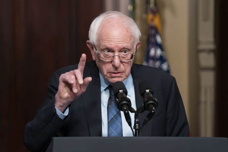 Sen. Bernie Sanders, I-Vt., says, "American people are tired of being ripped off and paying astronomical prices for prescription drugs," at Wednesday's White House event with President Joe Biden as they discussed their accomplishments in lowering costs. Photo by Bonnie Cash/UPI