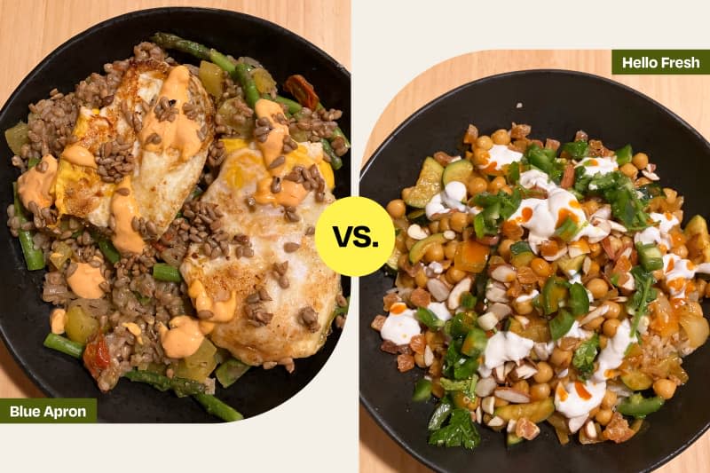 Blue Apron farro and chicken next to Hello Fresh tagine