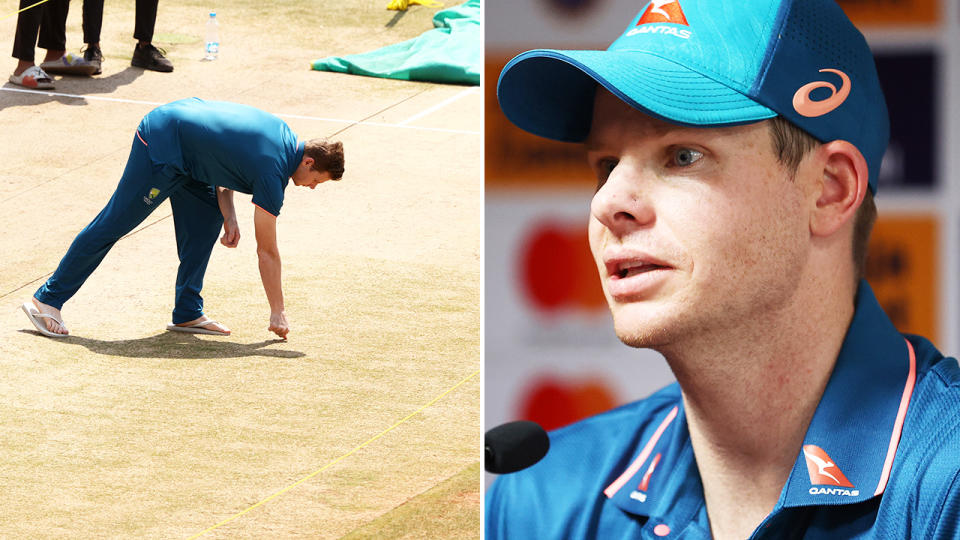 Steve Smith, pictured here speaking to reporters ahead of the second Test between Australia and India. 