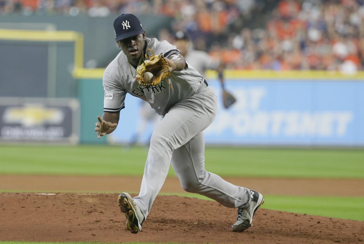 New York Yankees pitcher Luis Severino speaks to reporters before Game 2 of  an American League