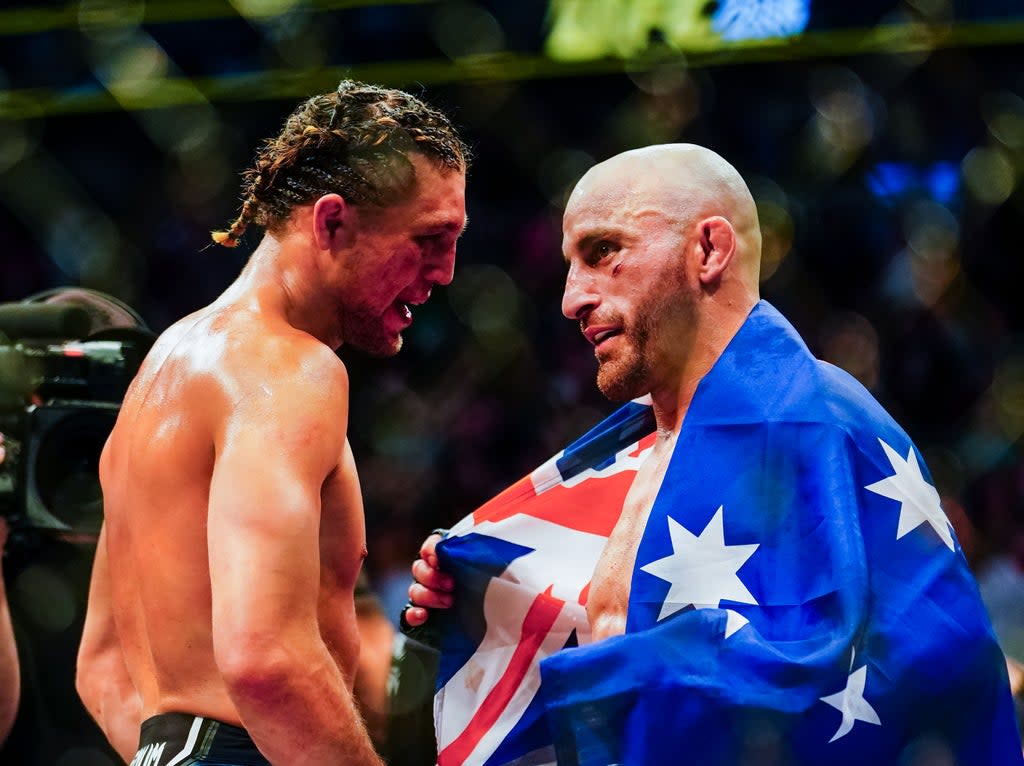 Alexander Volkanovski (right) after retaining his title against Brian Ortega (Getty Images)