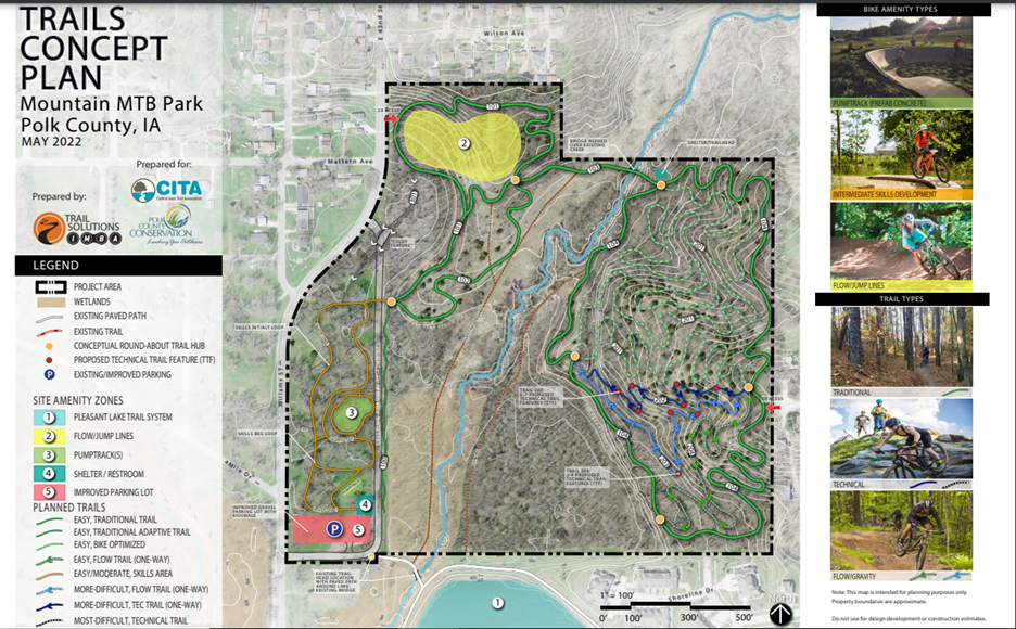 A concept plan shows the different trail styles and levels of difficulty slated for the upcoming Fourmile Mountain Bike Park in Des Moines.