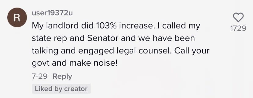 A commenter saying their rent increased 103%, so they've been in contact with their senator and legal counsel