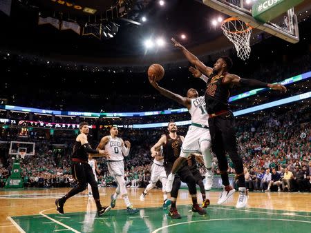 May 23, 2018; Boston, MA, USA; Cleveland Cavaliers forward Jeff Green (32) blocks a layup from Boston Celtics guard Terry Rozier (12) during the fourth quarter of Boston's 96-83 win over the Cleveland Cavaliers in game five of the Eastern conference finals of the 2018 NBA Playoffs at TD Garden. Mandatory Credit: Winslow Townson-USA TODAY Sports