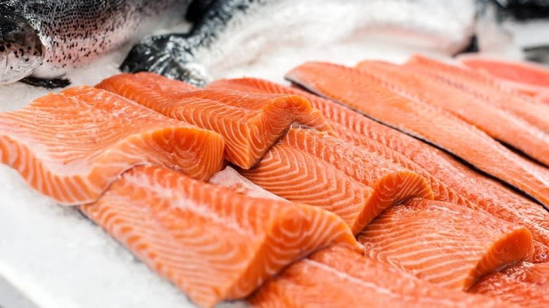 salmon filets on ice tray