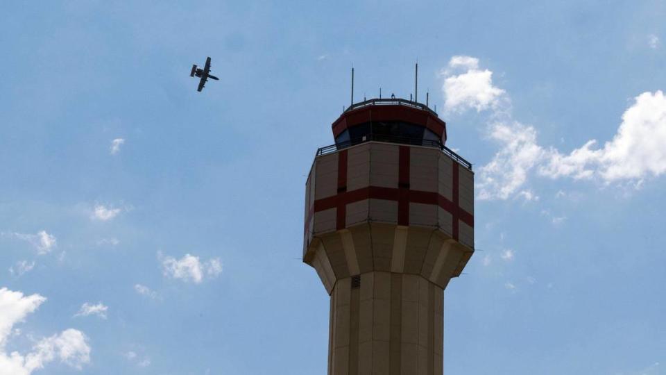 An Idaho Air National Guard A-10C Thunderbolt maneuvers through the airspace near the prominent air traffic control tower at the Boise Airport during the Aug. 26 Gowen Thunder Airshow. Darin Oswald/doswald@idahostatesman.com