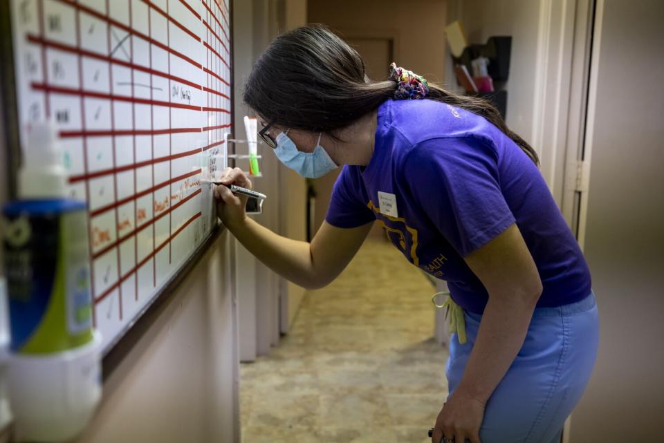 A female doctor uses a marker on a whiteboard.