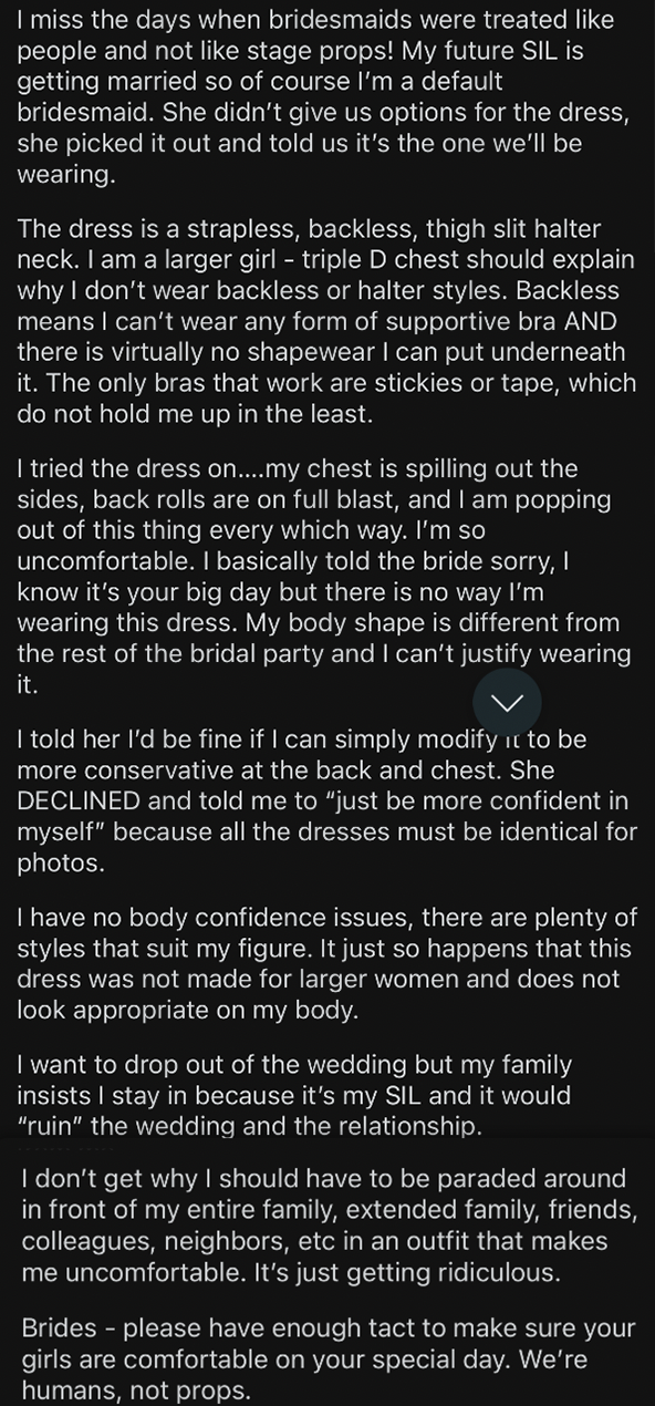 Image contains text expressing frustration about a bridesmaid dress that's backless, strapless, and not supportive, along with a call for brides to be more considerate