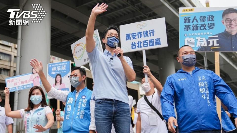 蔣萬安今日上午陪同台北市議員參選人詹為元、柳采葳、楊植斗在復興南路、市民大道站路口拜票。（圖／蔣萬安競選辦公室提供）