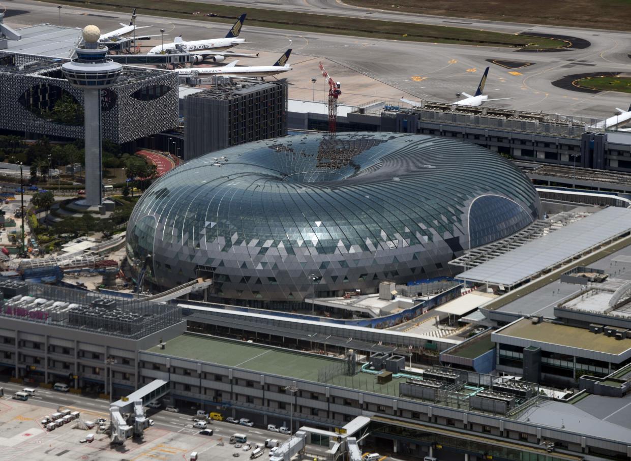 An aerial view taken from a commercial flight shows the Jewel Changi Airport