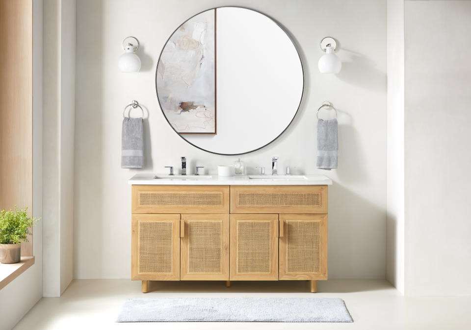 oak and cane vanity with marble top