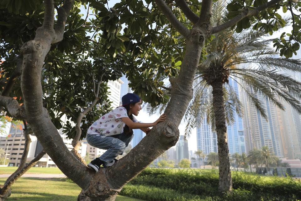 Michelle Rasul climbs a tree at a park near her house in Dubai, United Arab Emirates, Sunday, May 9, 2021. Rasul, a 9-year-old girl from Azerbaijan who lives in Dubai, is scratching her way to the top as a DJ after competing in the DMC World DJ Championship. (AP Photo/Kamran Jebreili)