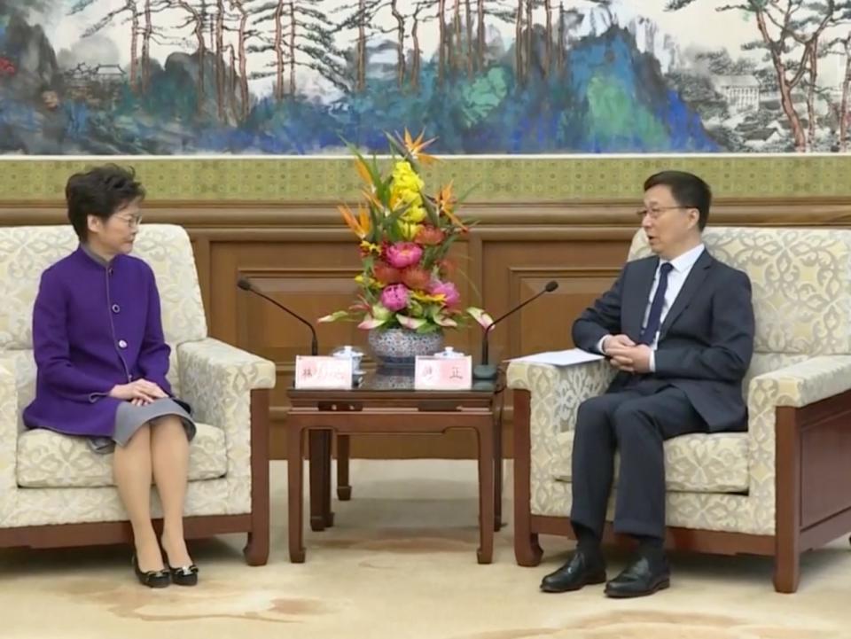 韓正在北京釣魚台國賓館接見林鄭月娥。