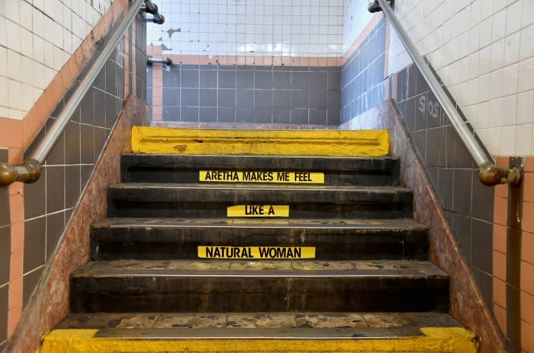 A tribute to Aretha Franklin with lyrics from one of her top hits at the Franklin Street subway station in New York