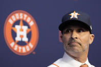FILE - Houston Astros baseball team manager Joe Espada listens to a question during an introductory news conference Monday, Nov. 13, 2023, in Houston. Espada was an assistant for three managers who have won a World Series in Joe Girardi, A.J. Hinch and Dusty Baker before becoming a skipper for the first time after the Houston Astros hired him following Baker’s retirement this offseason. (AP Photo/David J. Phillip, File)
