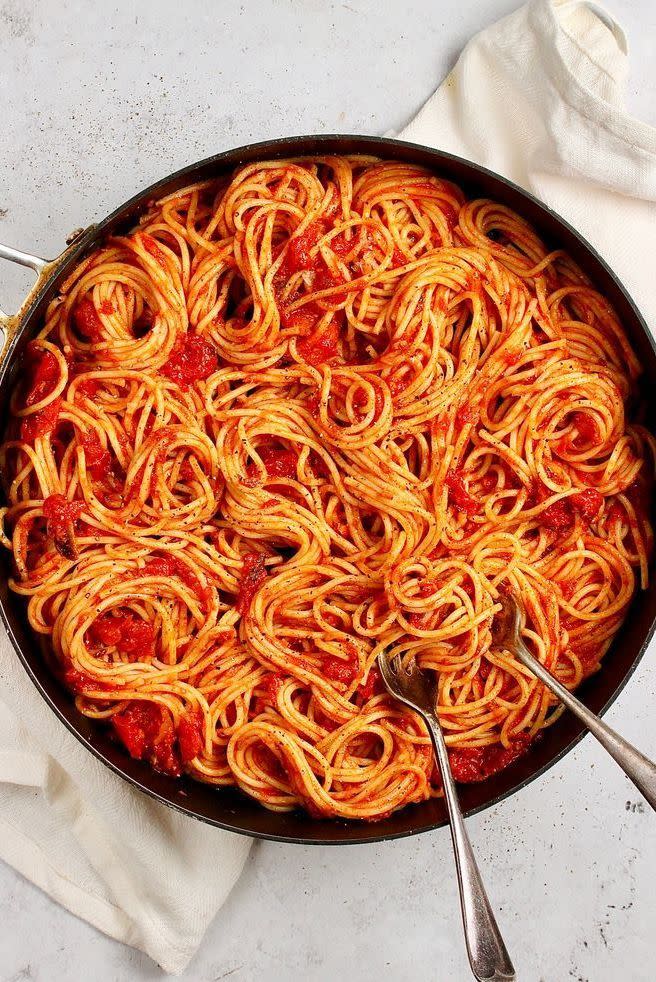 <p>Adding anchovies to all sorts of dishes automatically brings a ton of rich, salty flavour. And this comforting <a href="https://www.delish.com/uk/cooking/recipes/g32670587/tomato-pasta-recipes/" rel="nofollow noopener" target="_blank" data-ylk="slk:tomato pasta;elm:context_link;itc:0;sec:content-canvas" class="link ">tomato pasta</a> dish is no exception.</p><p>Get the <a href="https://www.delish.com/uk/cooking/recipes/a36094171/anchovy-pasta/" rel="nofollow noopener" target="_blank" data-ylk="slk:Tomato & Anchovy Pasta;elm:context_link;itc:0;sec:content-canvas" class="link ">Tomato & Anchovy Pasta</a> recipe.</p>