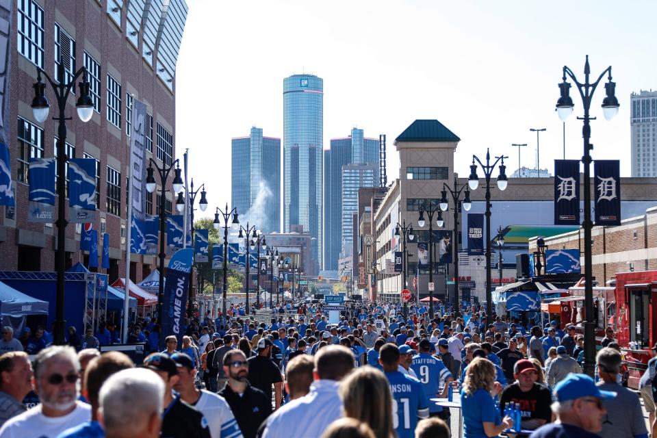 Detroit Lions fans tailgate outside of the Ford Field in downtown Detroit on October 8, 2017.