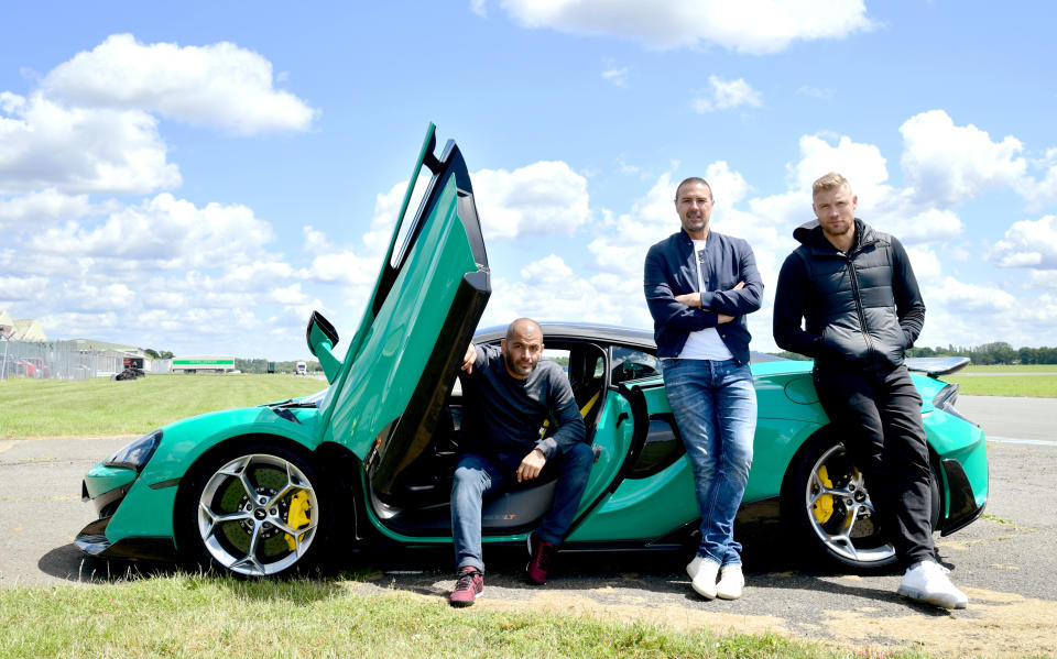 EMBARGOED TO 0001 MONDAY JUNE 10 (left to right) Chris Harris, Paddy McGuinness and Freddie Flintoff with a McLaren 600LT on the Top Gear test track in Dunsfold Park, Cranleigh, during the media launch for the new series of Top Gear which airs later this month.