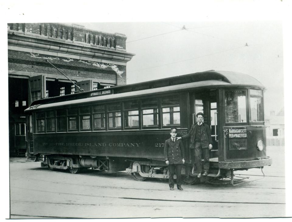 Electric trolley cars, such as this one pictured at the Elmwood Avenue trolley barn, connected Providence with much of the state around 1912.