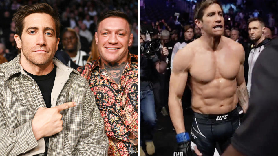 Jake Gyllenhaal and Conor McGregor are pictured left at UFC 285, with Gyllenhall left seen filming scenes for the movie Road House.