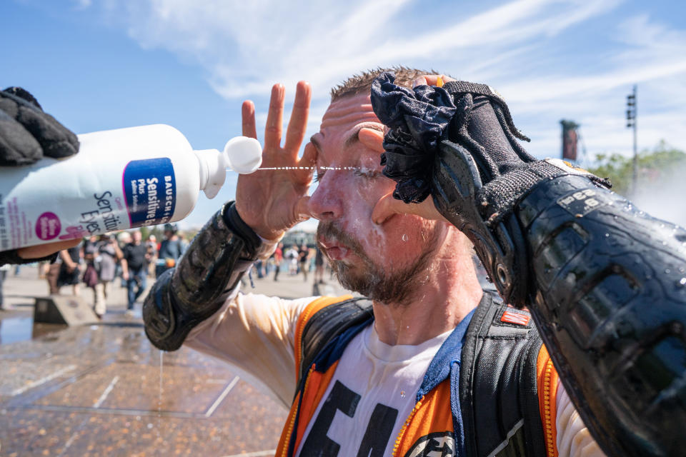 <p>A far-right protester receives treatment after being Maced by a member of Antifa during a Patriot Prayer Rally in Portland, Ore., Aug. 4, 2018. (Photo: Kainoa Little/SOPA Images/REX/Shutterstock) </p>