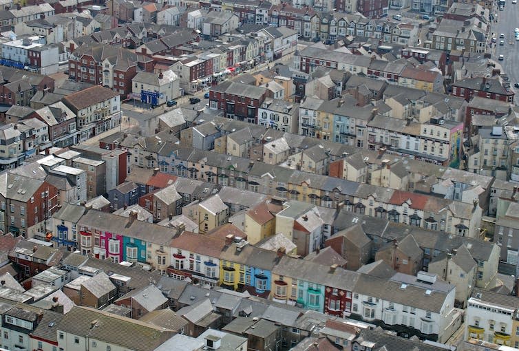 An overhead view of a residential area in England.