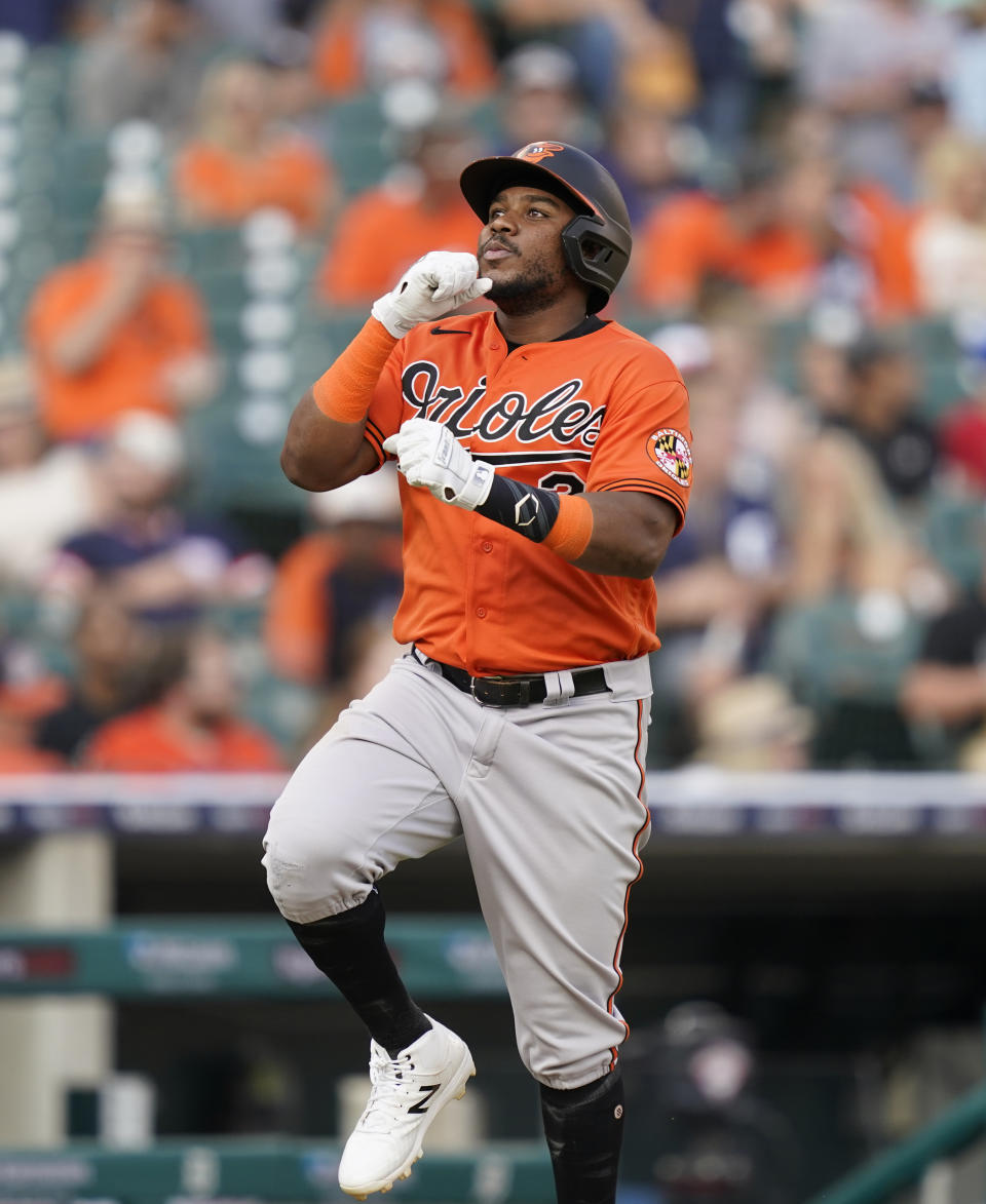 Baltimore Orioles' Maikel Franco rounds the bases after a solo home run during the fifth inning of a baseball game against the Detroit Tigers, Saturday, July 31, 2021, in Detroit. (AP Photo/Carlos Osorio)