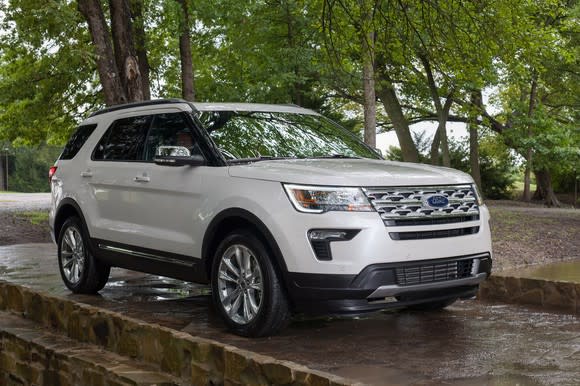 A white 2019 Ford Explorer, a 7-passenger crossover SUV.