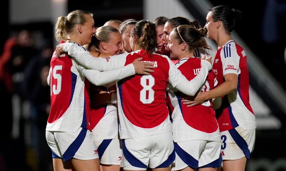 <span>Beth Mead (second left) celebrates after scoring Arsenal’s third goal as they overturned their first-leg deficit.</span><span>Photograph: Andrew Matthews/PA</span>