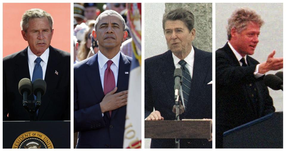 Presidents George W. Bush, Barack Obama, Ronald Reagan speek at D-Day anniversary ceremonies in 2004, 2014, 1984 and 1994.