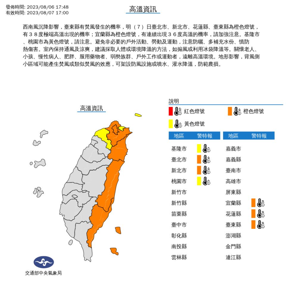 中央氣象局針對7縣市發布高溫特報。