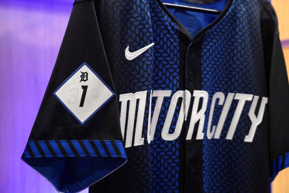 A display of the Detroit Tigers 2024 Nike MLB City Connect series uniform sits on display in a locker room area during a special launch event at Comerica Park in Detroit on Monday, May 6, 2024.