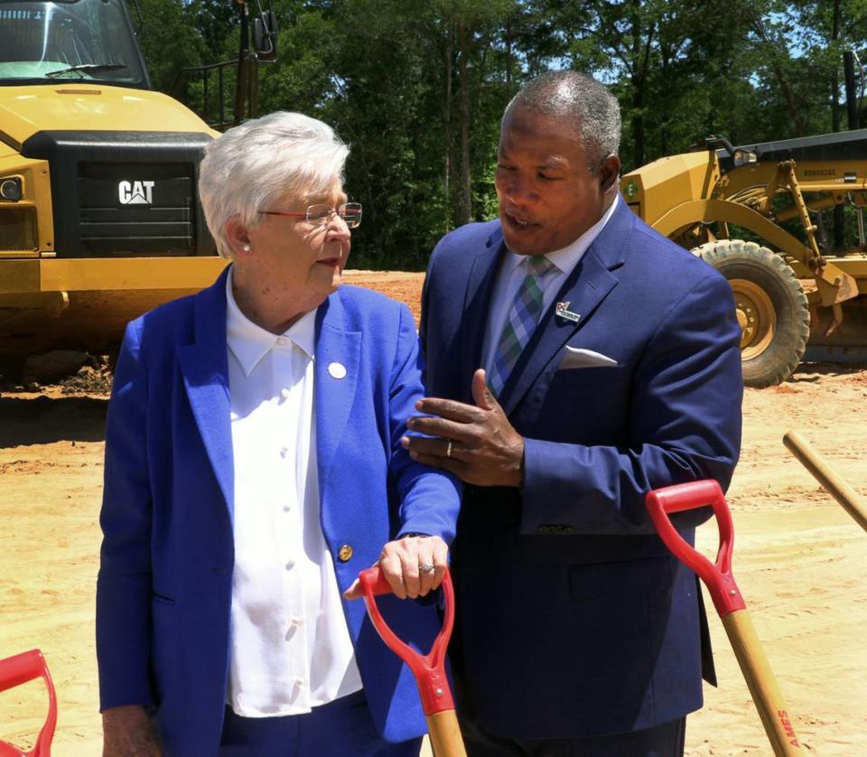 Alabama Gov. Kay Ivey and Phenix City Mayor Eddie Lowe talks after officials had a ceremonial groundbreaking Thursday for the expansion of the Daechang Seat Corp., USA manufacturing facility in Phenix City, Alabama. 05/12/2022