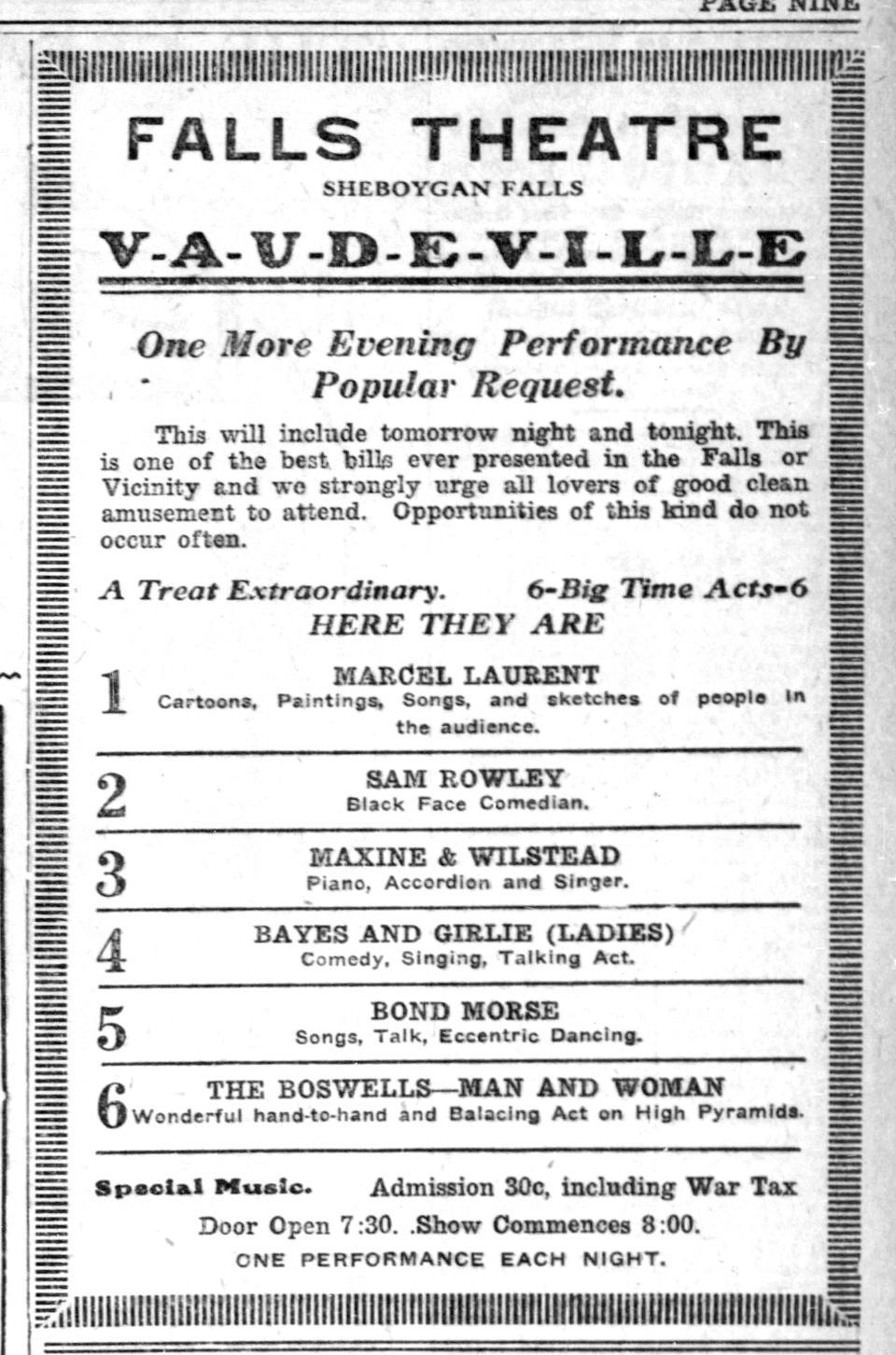 An advertisement in the Wednesday, December 11, 1918 edition of The Sheboygan Press featured a list of entertainment of at the Sheboygan Falls Theater.
