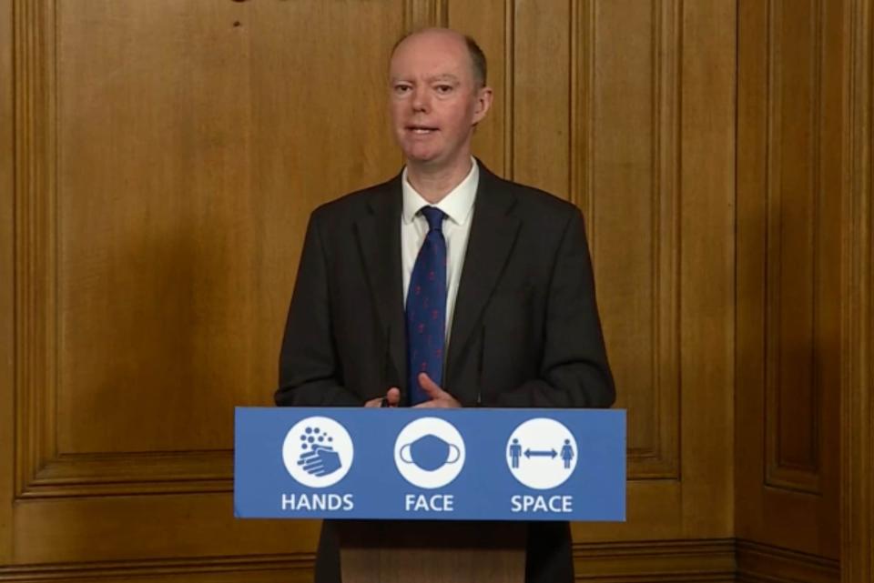 <p>Chief Medical Officer Chris Whitty during a media briefing on coronavirus</p> (PA)