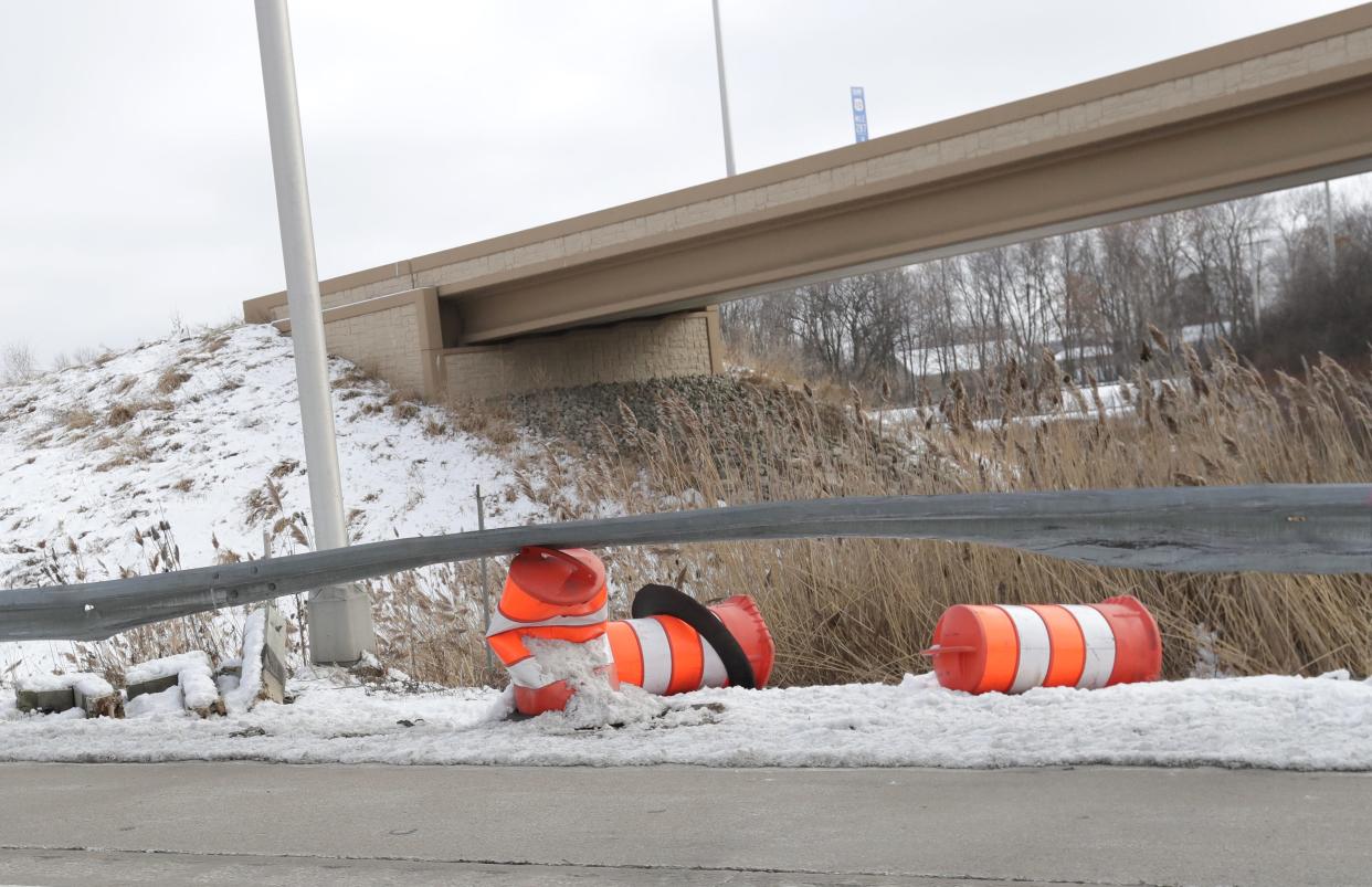 Damaged guardrails on the ramp from northbound Interstate 41 to eastbound U.S. 10/State 441 in Fox Crossing have yet to be repaired.