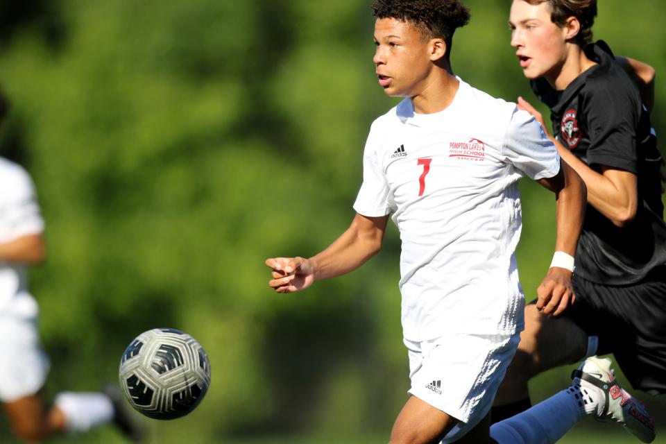 Andrew Armstorng, of Pompton Lakes, controls the ball in front of Liam Fink, Glen Rock.  Glen Rock would go on to win after Fink scored the only goal of the game with less than four minutes left in the game. Thursday, September 15, 2022