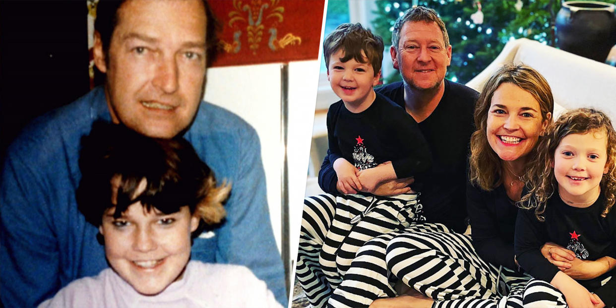 Savannah Guthrie as a child with her dad, Charles, left; and with her husband Mike and two children, Vale and Charley (who is named after her dad). (Courtesy Savannah Guthrie)