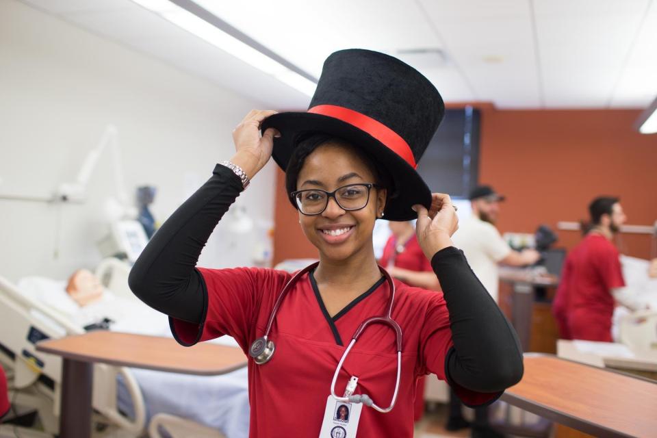 An APSU nursing student in the McCord Building's nursing lab during the Spring 2018 semester.
