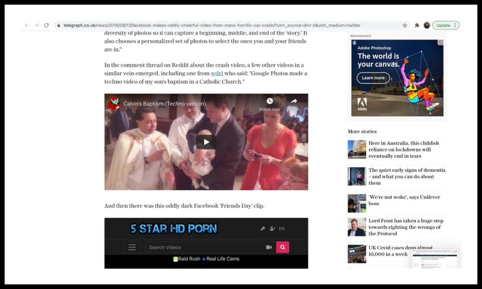 A screengrab from a 2016 article on The Telegraph with the porn site embedded.