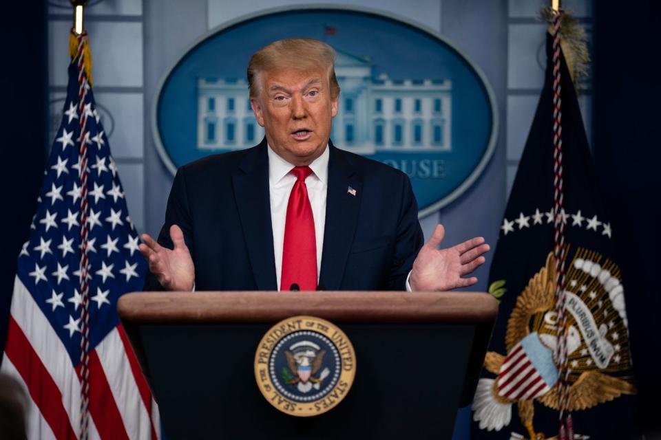 President Donald Trump at a press briefing Thursday. 