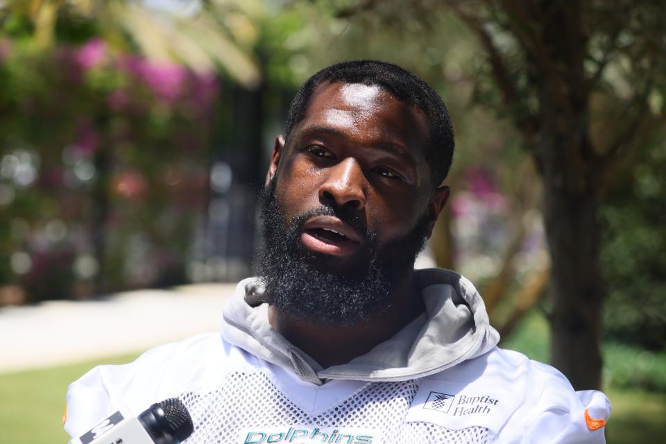 7Jun 5, 2024; Miami Gardens, FL, USA; Miami Dolphins offensive tackle Terron Armstead (72) speaks to reporters during mandatory minicamp at Baptist Health Training Complex. Mandatory Credit: Sam Navarro-USA TODAY Sports