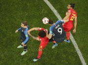 <p>France’s Olivier Giroud, center right, is challenged by Belgium’s Axel Witsel, center rifgt and Belgium’s Nacer Chadli, right, during the semifinal match between France and Belgium at the 2018 soccer World Cup in the St. Petersburg Stadium in St. Petersburg, Russia, Tuesday, July 10, 2018. (AP Photo/Dmitri Lovetsky) </p>