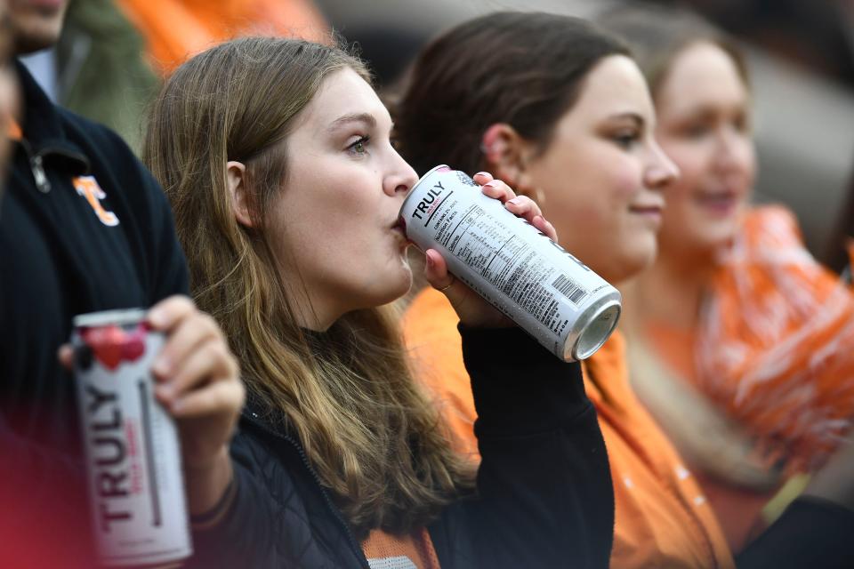 A Tennessee fan with a can of hard seltzer during the NCAA college football game between Tennessee and Missouri on Saturday, November 12, 2022 in Knoxville, Tenn.