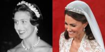 <p>This tiara was made by Cartier in 1936, and given to the Queen Mother by her husband before their wedding. The Queen Mother gifted Queen Elizabeth II the tiara on her 18th birthday, and its since been worn by Princess Margaret (left) and Duchess Kate—who famously wore it during her wedding to Prince William. The tiara is said to <a href="https://www.royalcollection.org.uk/microsites/royalweddingdress/MicroObject.asp?row=4&themeid=2444&item=4" rel="nofollow noopener" target="_blank" data-ylk="slk:feature;elm:context_link;itc:0;sec:content-canvas" class="link ">feature</a> "739 brilliants and 149 baton diamonds."</p>