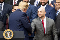 WASHINGTON, DC - MAY 9: U.S. President Donald Trump recognizes Steve Pearce #25 of the Boston Red Sox during a visit to the White House in recognition of the 2018 World Series championship on May 9, 2019 in Washington, DC. (Photo by Billie Weiss/Boston Red Sox/Getty Images) *** Local Caption *** Donald Trump; Steve Pearce