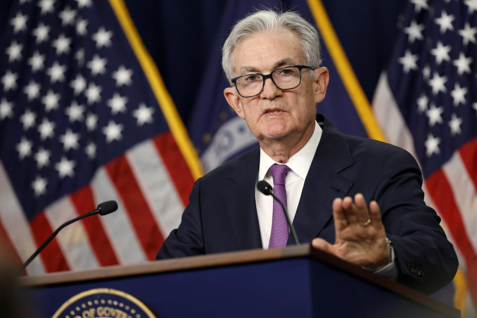 WASHINGTON, DC - SEPTEMBER 20: Federal Reserve Board Chairman Jerome Powell speaks during a news conference after a Federal Open Market Committee meeting on September 20, 2023 at the Federal Reserve in Washington, DC. In the face of slowing inflation and strong consumer spending, the Federal Reserve announced that it will keep the interest rate steady, holding the benchmark borrowing rate to a range of 5.25% to 5.5%. (Photo by Chip Somodevilla/Getty Images)