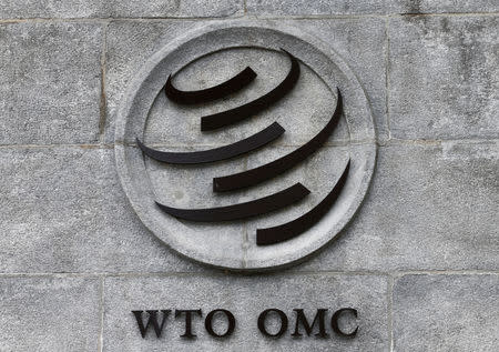 FILE PHOTO: A World Trade Organization (WTO) logo is pictured on their headquarters in Geneva, Switzerland, June 3, 2016. REUTERS/Denis Balibouse/File Photo