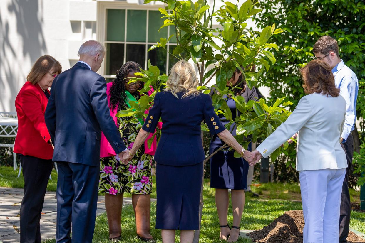 President Joe Biden and first lady Jill Biden take part in a tree planting with Gold Star family members on the South Lawn at the White House on May 30, 2022 in Washington, DC. 